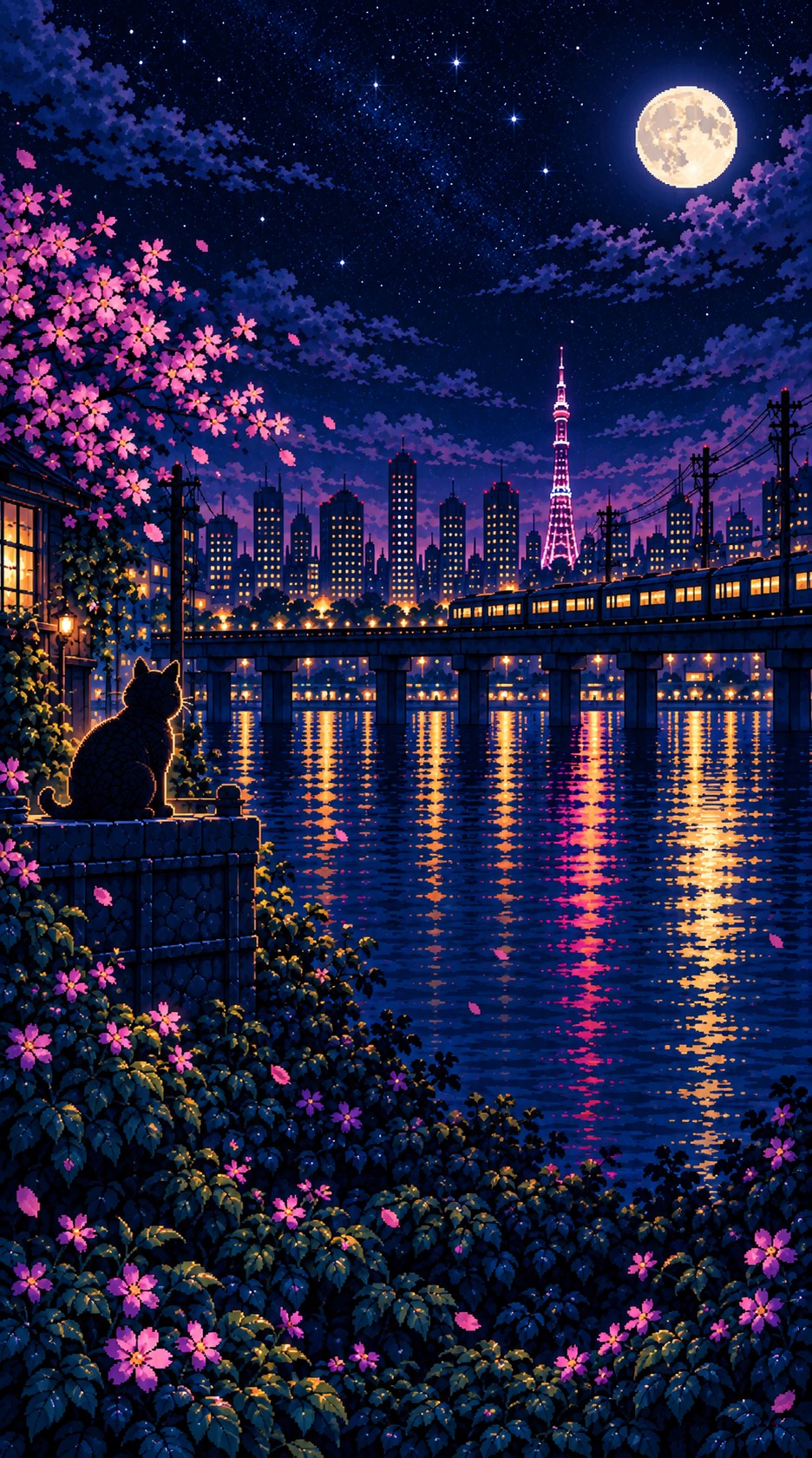 月光下，黑猫坐在霓虹城市的阳台上